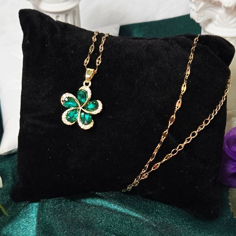 Emerald Green CZ Flower Necklace Gold Plated May Birthstone Floral Pendant Gift - Picture 7 of 9